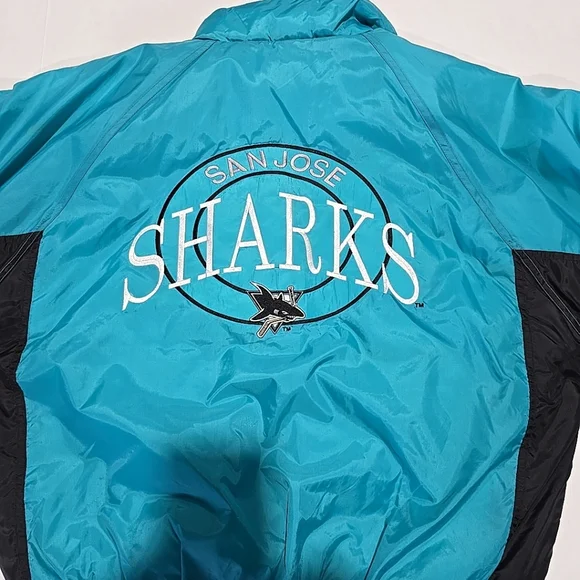 Vintage San Jose Sharks 90s Full Zip Bomber Jacket Large Puffer Hockey Blue NWT - Picture 7 of 7